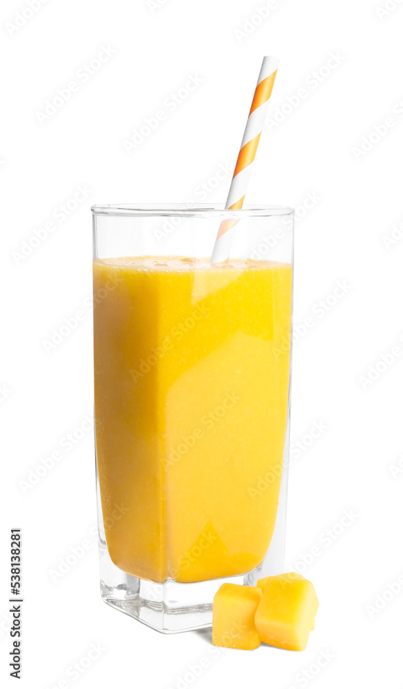 Glass of tasty mango smoothie and fruit slice on white background Glass of tasty mango smoothie and fruit slice on white background