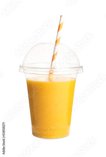 Plastic cup of tasty mango smoothie on white background