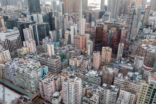 Photography Aerial view of Hong Kong city at sunset