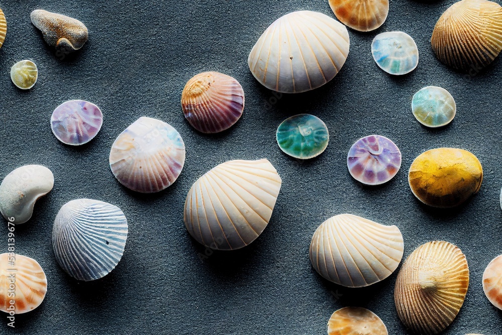 Colorful seashell background on dark sand