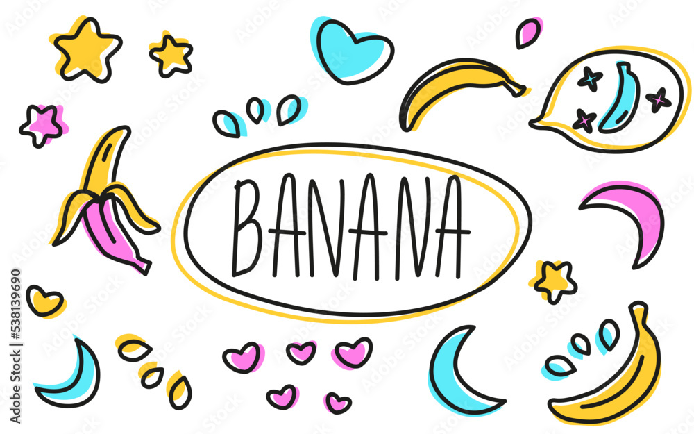 Fototapeta premium Bananas sticker pack. Cute set of stickers with bananas, hearts, stars, moon, drops. Cartoon style vector illustration. Set of elements in trendy. Great for greeting cards, print shops.