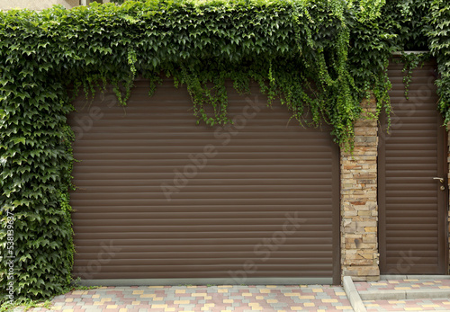 Brown roller shutter door of garage near entrance overgrown with beautiful climbing plants