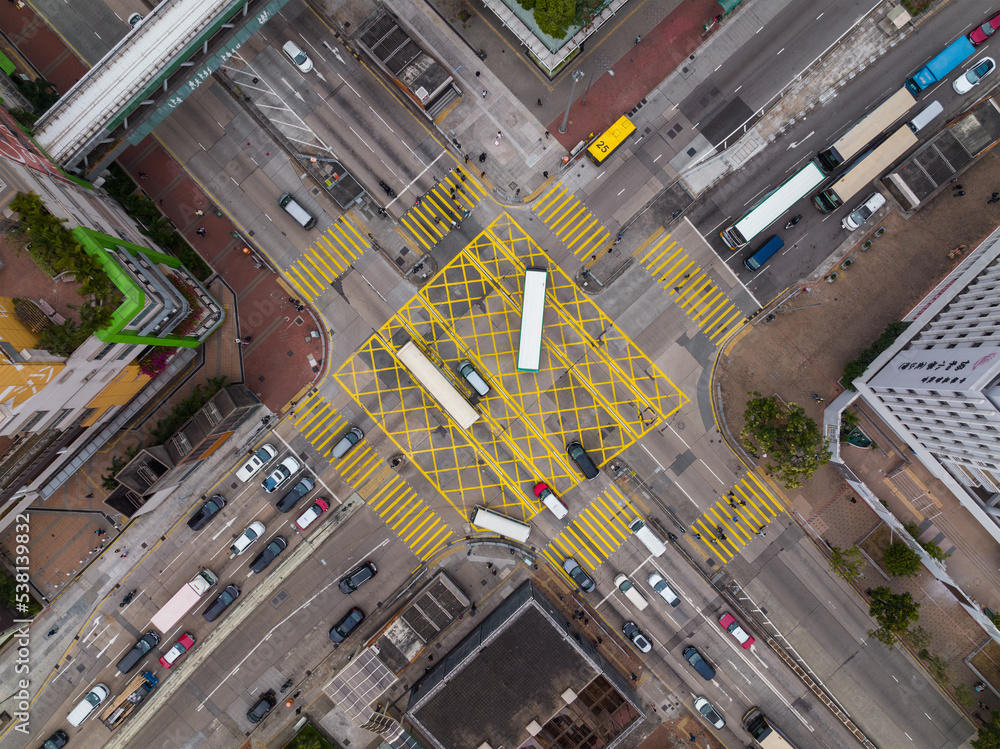 Top down view of road intersection in Hong Kong city Top down view of road intersection in Hong Kong city