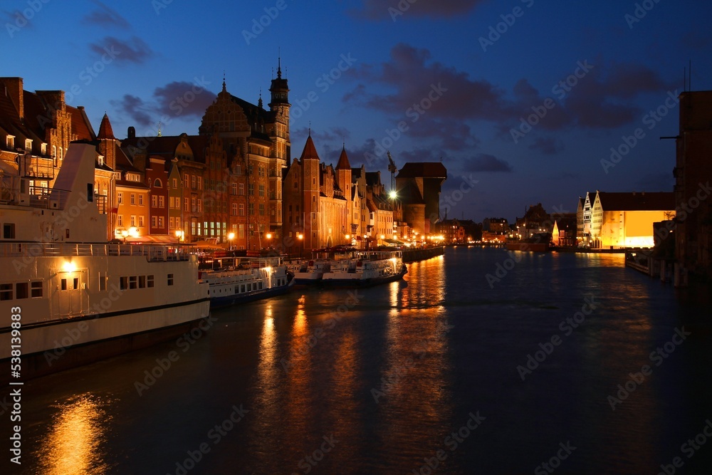 Gdansk night river view. Poland landmarks: Gdansk city.