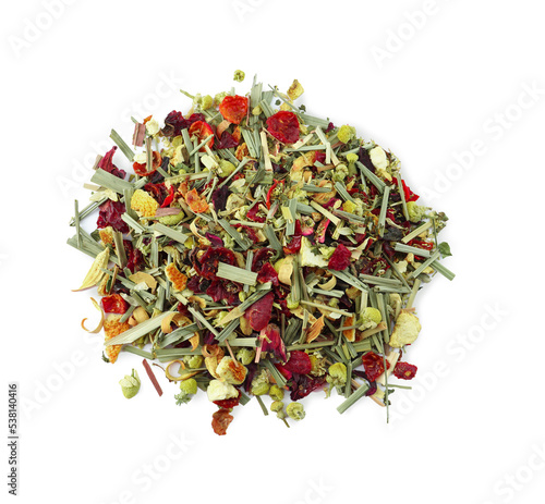 Pile of aromatic herbal tea isolated on white, top view