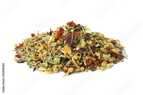 Pile of aromatic herbal tea isolated on white