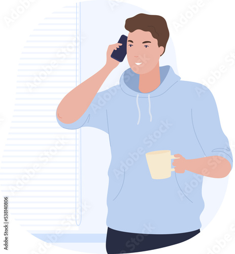 Man talking smartphone at home office window jalousie vector flat illustration