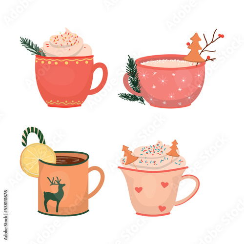 Set of Christmas hot drinks in colorful mugs. Detailed New Years illustrations.