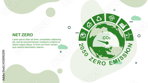 Net zero and carbon neutral concept. Net zero greenhouse gas emissions target. Climate neutral long term strategy with green net zero icon and green icon on green circles green world background.	
