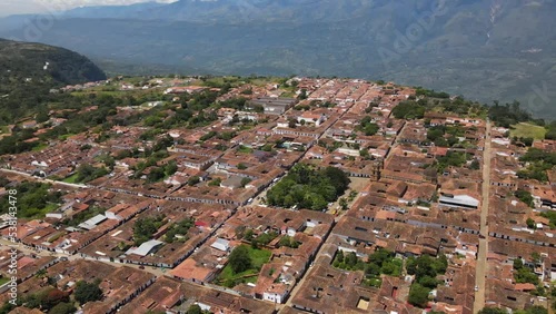 aerial view of tourist municipality of Colombia, municipality of Santander with clay roofs

