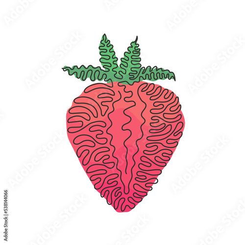 Continuous one line drawing sliced healthy organic strawberry for orchard logo identity. Fresh berry fruitage for fruit garden icon. Swirl curl style. Single line draw design vector illustration