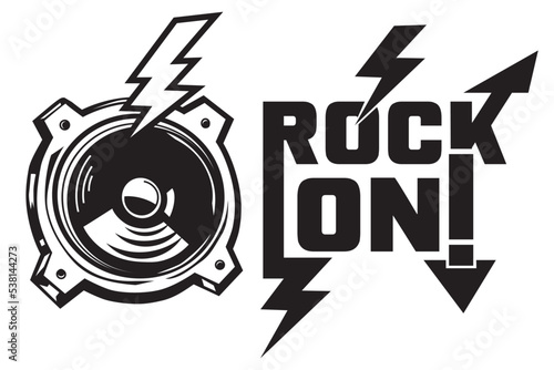 Rock on - rock music black and white emblem with loudspeaker