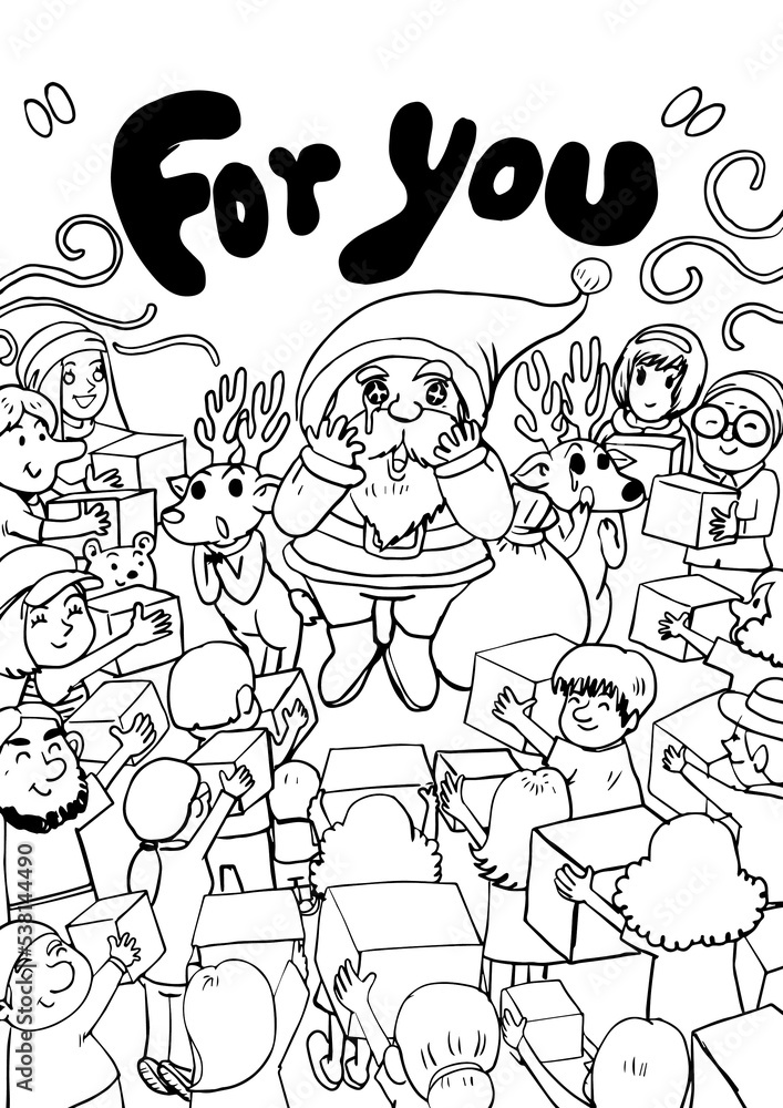 : Cartoon Santa Claus receives a gift from the people on Christmas Day : Cartoon Santa Claus receives a gift from the people on Christmas Day