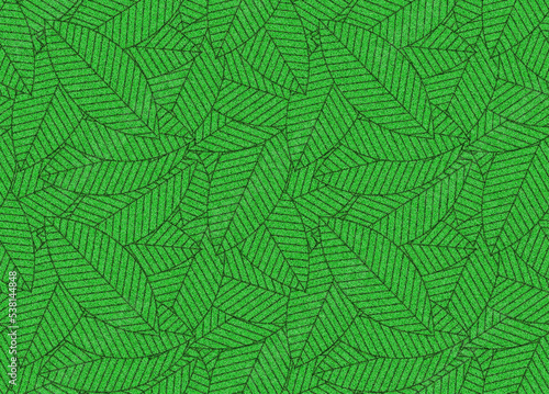 敷き詰められた葉っぱ、新緑の背景イラスト、葉っぱのリピートパターン、新緑の壁紙、若葉のテキスタイル、リーフのテキスタイルデザイン