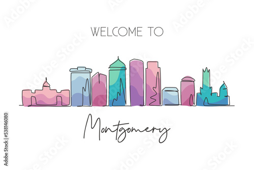 One continuous line drawing of Montgomery city skyline, Alabama. Beautiful landmark. World landscape tourism travel wall decor poster art, postcard. Stylish single line draw design vector illustration