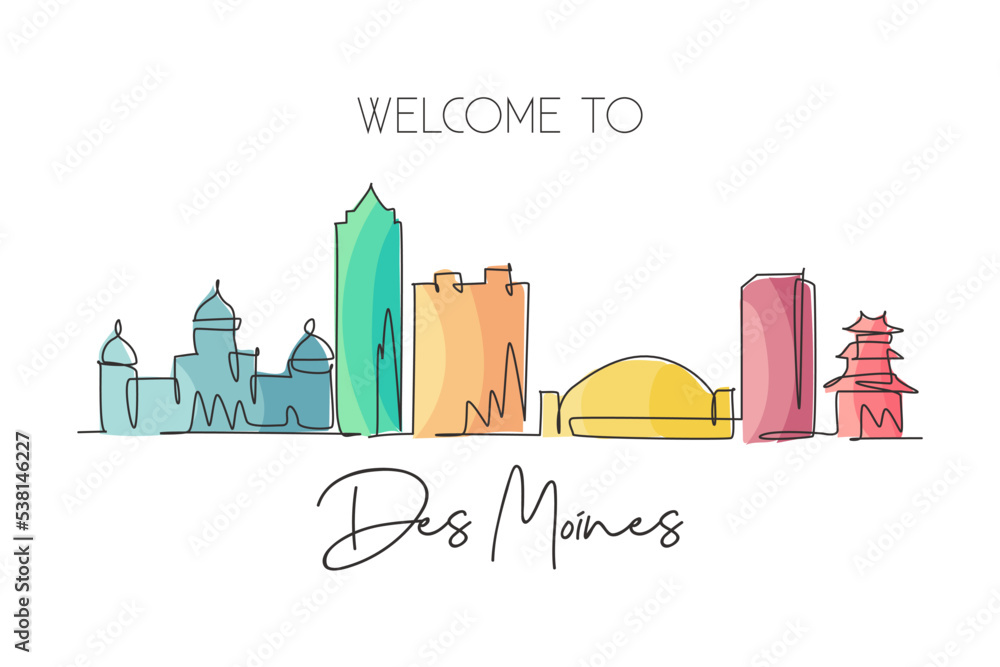 One continuous line drawing of Des Moines city skyline, Iowa. Beautiful landmark. World landscape tourism travel wall decor poster art, postcard. Stylish single line draw design vector illustration
