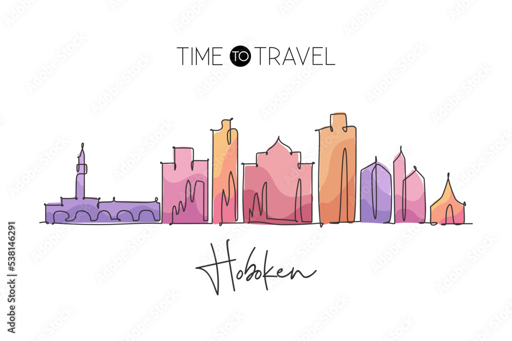 One single line drawing visit Hoboken city skyline, New Jersey. World beauty town landscape. Best holiday destination. Editable stroke trendy continuous line graphic draw design vector illustration