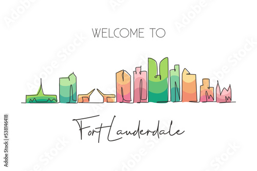 Single continuous line drawing Fort Lauderdale skyline, Florida. Famous city scraper landscape. World travel home wall decor art poster print concept. Modern one line draw design vector illustration