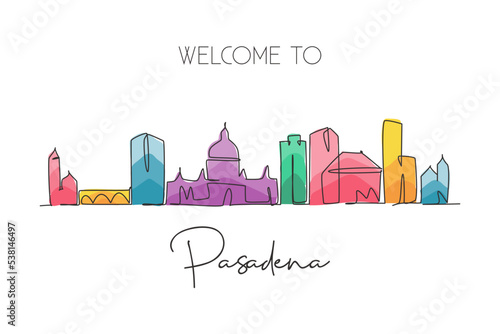One continuous line drawing of Pasadena city skyline, California. Beautiful landmark. World landscape tourism travel home wall decor poster print. Stylish single line draw design vector illustration