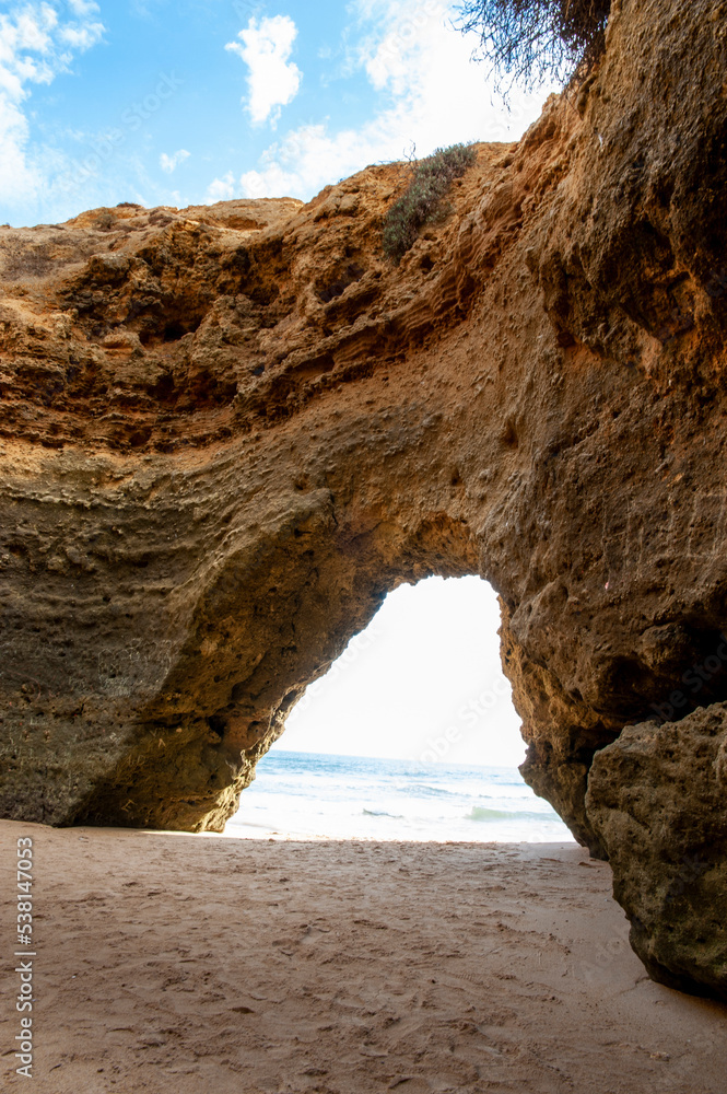 Maria Luisa beach with rock formation in Albufeira, Algarve, Portugal.