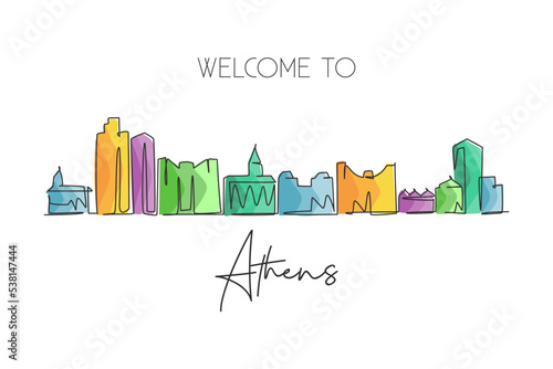 One continuous line drawing of Athens city skyline, Georgia. Beautiful landmark. World landscape tourism travel home wall decor poster print art. Stylish single line draw design vector illustration