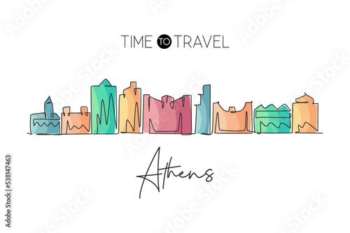 One single line drawing Athens city skyline, Georgia. World historical town landscape. Best holiday destination postcard. Editable stroke trendy continuous line draw design vector graphic illustration