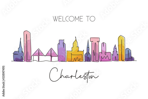 One single line drawing Charleston city skyline South Carolina. World historic town landscape. Best holiday destination postcard. Editable stroke trendy continuous line draw design vector illustration