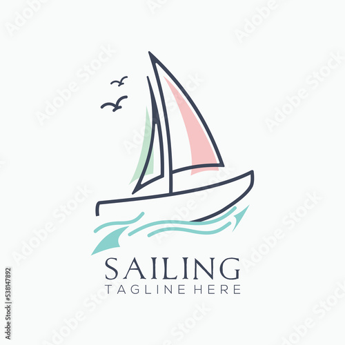 Sailboat wooden ship on Sea Ocean Wave with line art style logo design template