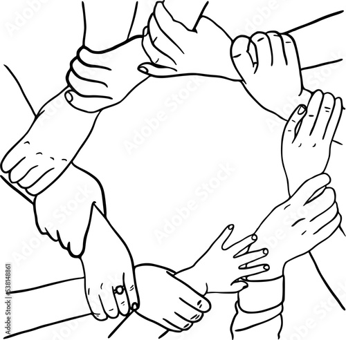 Multiracial human hands make circle with blank space in the middle. Cultural equity, diversity togetherness concept. Round symbol of unity, team, group, partnership, leading, support, community.