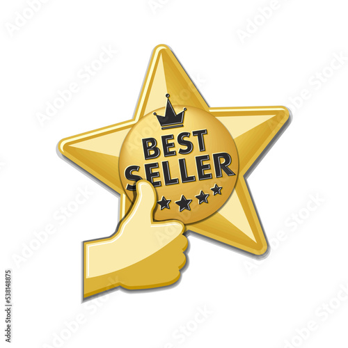 Advertising gold star sticker best seller with thumb up and crown. Illustration, vector on transparent background