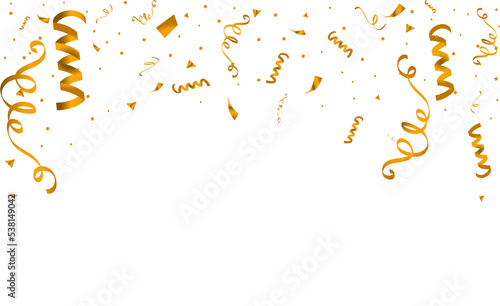 PNG. Gold confetti ribbons  on transparent background. Celebration background party decoration frame template . luxury greeting rich card. Festive design