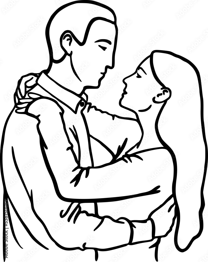 Couple in love. A man and a woman are hugging. Embrace. Black and white linear drawing. Vector illustration Couple in love. A man and a woman are hugging. Embrace. Black and white linear drawing. Vector illustration
