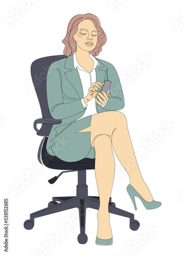 Silhouette of a girl in a modern single line style. A woman is sitting on a chair, talking on the phone. Continuous line, outline, posters, wall art, stickers, logo. Vector illustration.