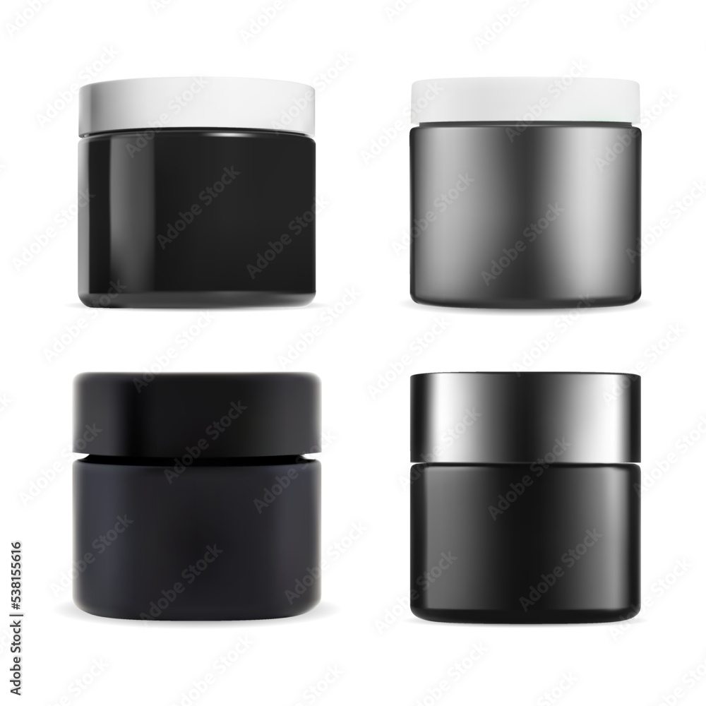 Black cosmetic cream jar set. Face care beauty container vector mockup. Round packaging blank skin scrub or butter with white cap. Realistic blush powder or creme package blank Black cosmetic cream jar set. Face care beauty container vector mockup. Round packaging blank skin scrub or butter with white cap. Realistic blush powder or creme package blank