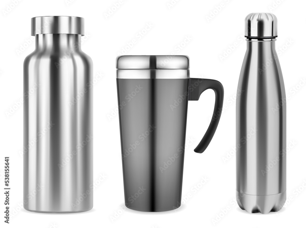 Thermo cup, travel coffee mug set, isolated vector mockup. Silver