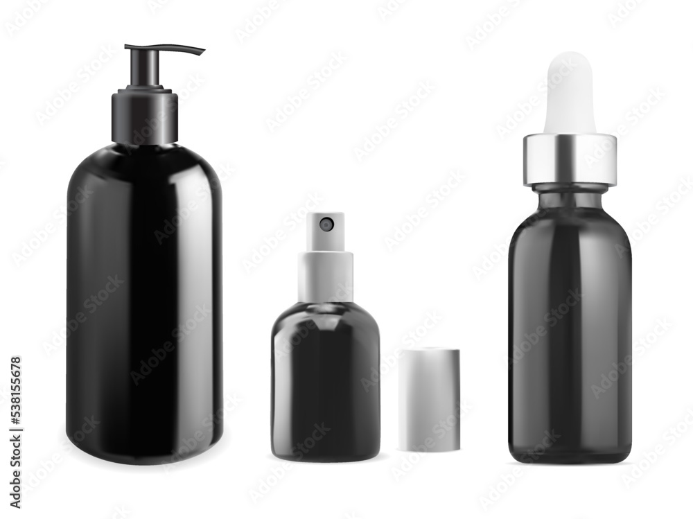 Cosmetic package set. Beauty product bottle pack design. Realistic spray bottle for perfume. Serum dropper black glass bottle, facial skin care. Liquid soap or shampoo dispenser bottle template Cosmetic package set. Beauty product bottle pack design. Realistic spray bottle for perfume. Serum dropper black glass bottle, facial skin care. Liquid soap or shampoo dispenser bottle template