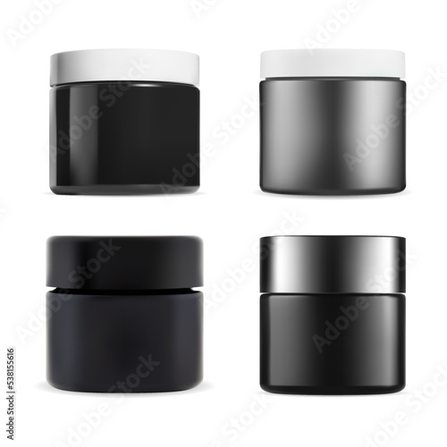 Black cosmetic cream jar set. Face care beauty container vector mockup. Round packaging blank skin scrub or butter with white cap. Realistic blush powder or creme package blank