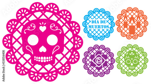 Papel picado redondo de colores para la celebración del día de muertos en México photo