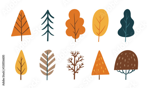 Set of cute tree for autumn design element. Collection of simple cartoon of nature hand drawn illustration.