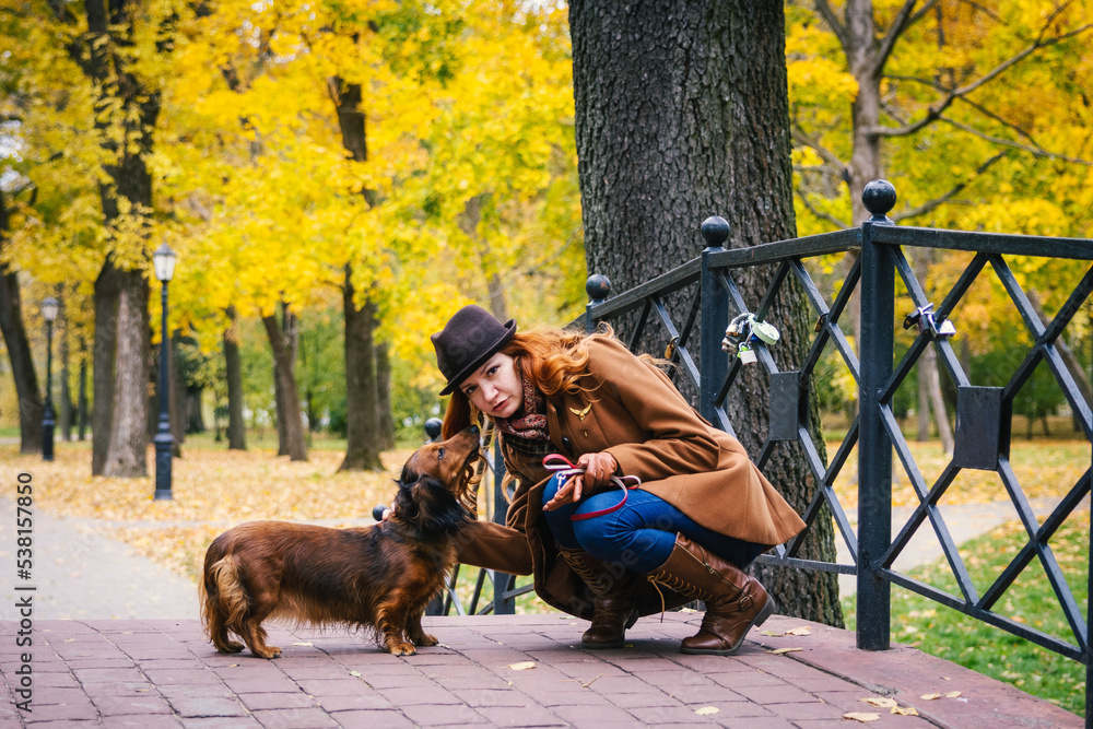 Young red-haired woman plays on a bridge  in the park with a red dachshund dog. girl talking to dog