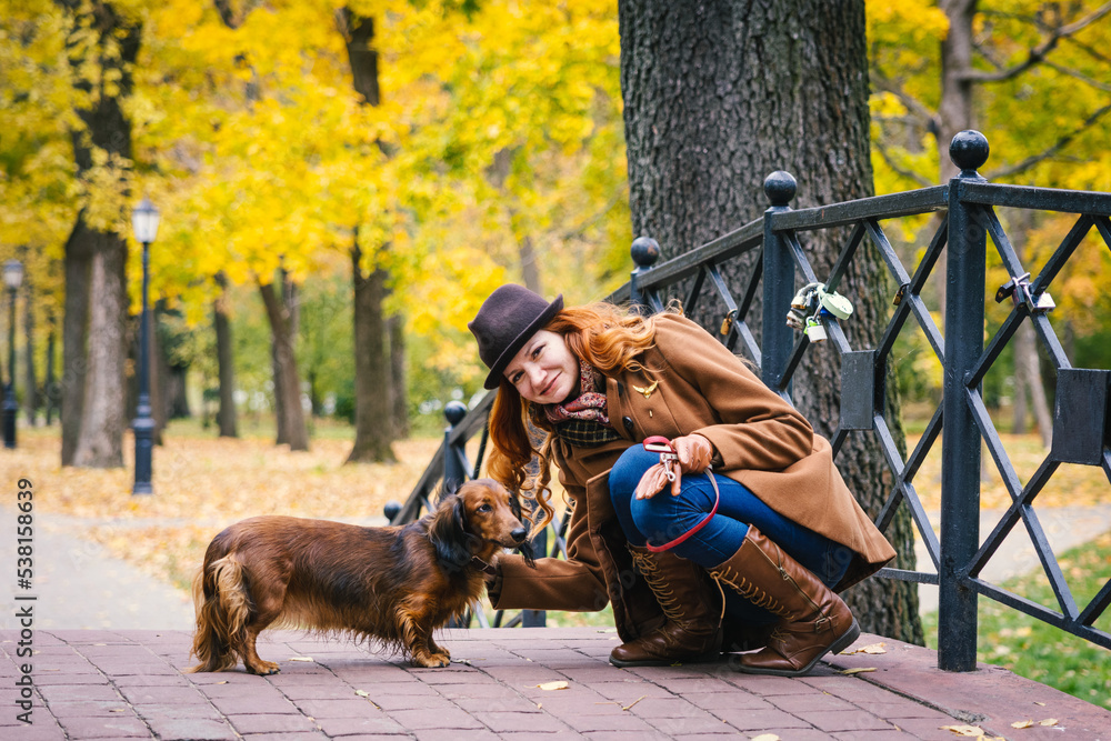 Young red-haired woman with a red dachshund dog on asmall bridge in autumn in the park. 