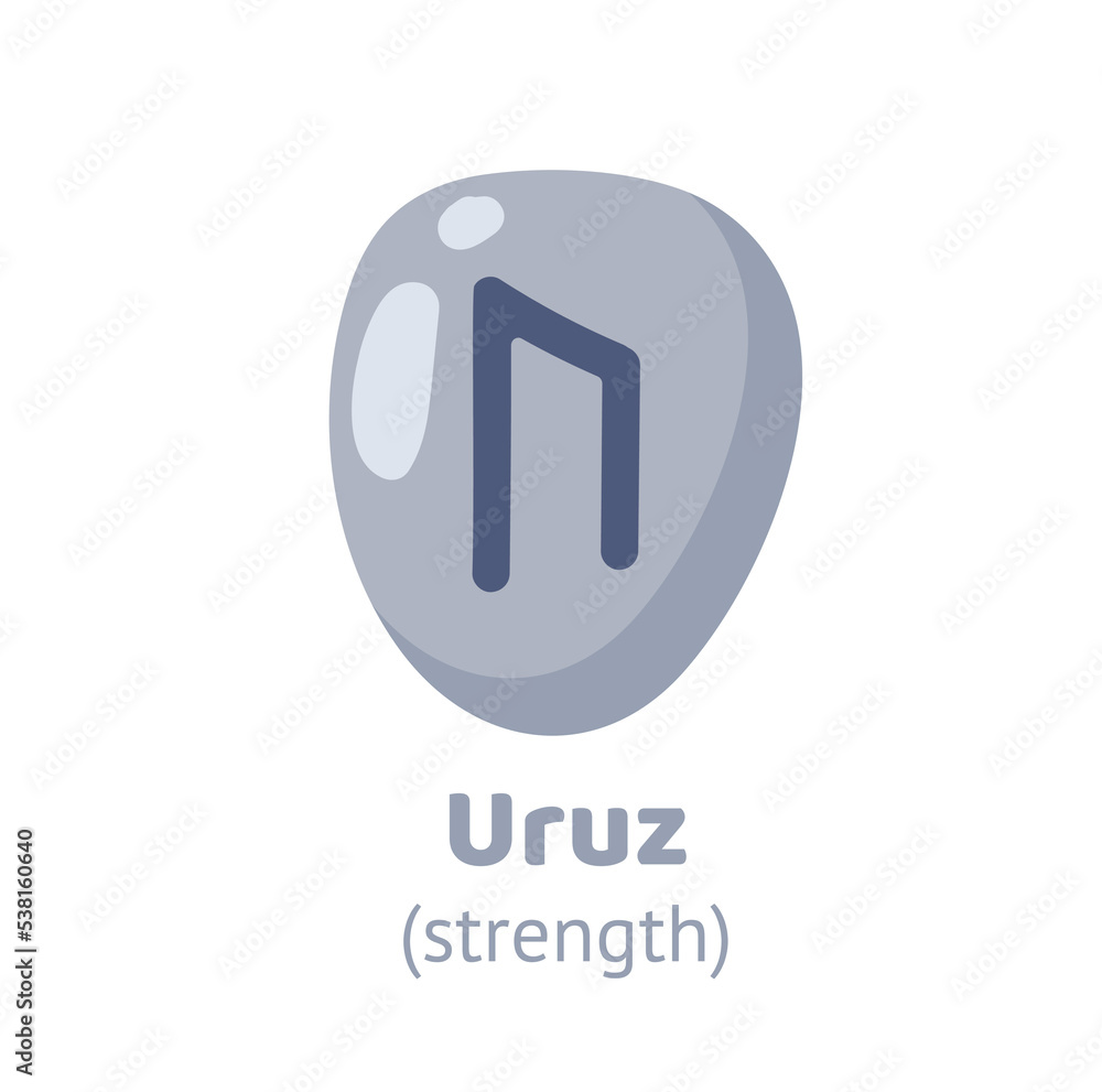 Uruz (strength) rune, runic inscription engraving on grey stone. Magic, witchcraft, game element. Nordic alphabet, viking letter. Hand drawn flat vector illustration.