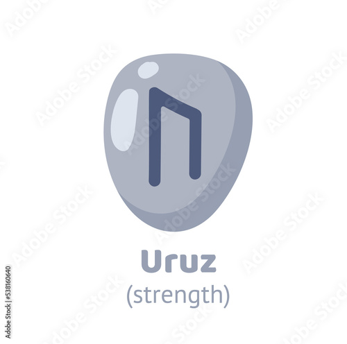 Uruz (strength) rune, runic inscription engraving on grey stone. Magic, witchcraft, game element. Nordic alphabet, viking letter. Hand drawn flat vector illustration.