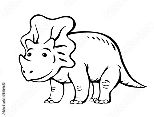 Small triceratops dinosaur with a horn. Herbivore cute ceratops. Dino Jurassic. Ancient prehistoric lizard. Character for children. Cartoon vector black and white illustration. Hand drawn outline