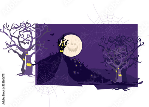 Halloween scary vector background. Spooky graveyard and haunted house at night cartoon illustration. Horror moon, bats and graves silhouettes creepy backdrop. Helloween gothic panorama with cemetery