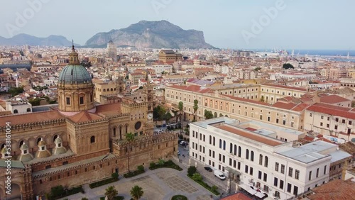 Palermo, Italy: Aerial drone footage of the stunning Palermo cathedral that dates back from 1185 in the old town in Sicily largest city in Italy photo