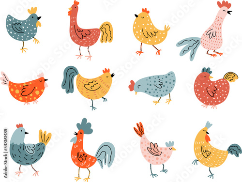 Vector colored hens, chickens, roosters. Doodle illustration isolated on white background. Set of birds. Easter chicken collection. 