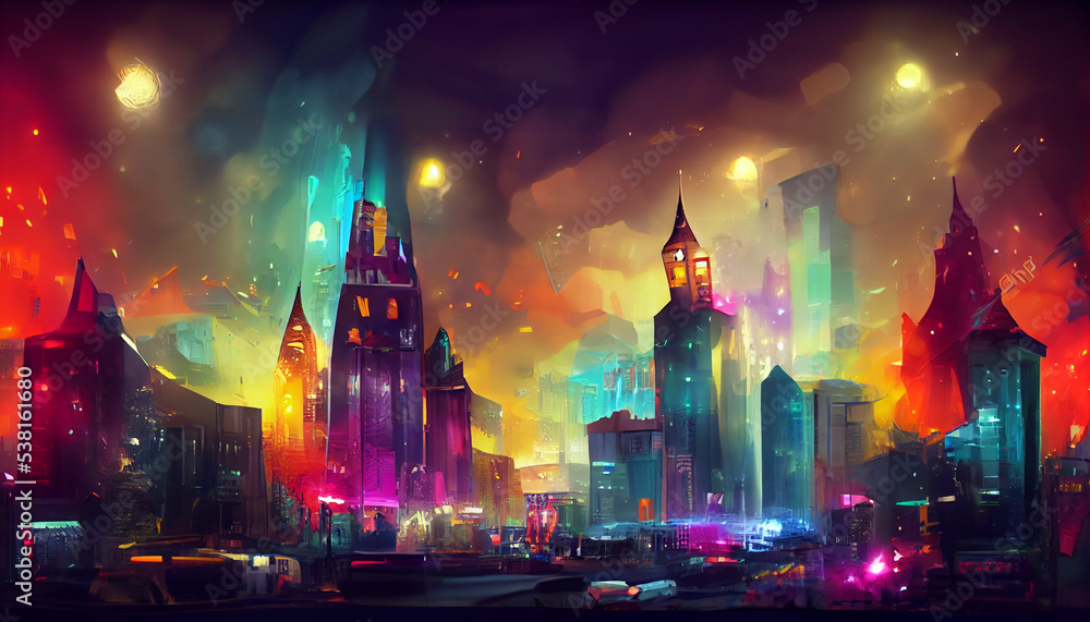 Fototapeta premium Colorful Night City Buildings exterior. Fantasy background digital illustration