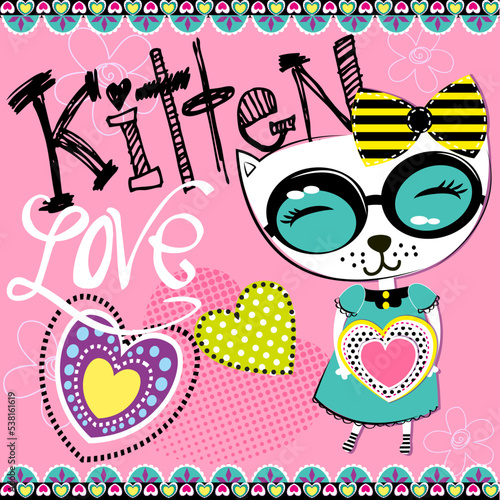 Cute abstract illustration with hearts, ornament, cat with heart. Wallpaper for children and girls. Pretty fashion girlish illustration for t-shirt design. 