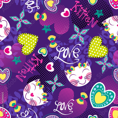 Abstract seamless pattern for girls. Creative vector background with kitten, hearts. Funny wallpaper for textile and fabric. Fashion style. Girlish wallpaper.